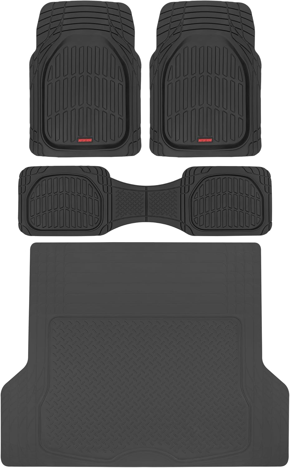 Motor Trend FlexTough 4-Piece Heavy Duty Floor Mats for Cars Trucks SUVs, Automotive Floor Mats Car Mats Full Set Front, Rear & Cargo, Trim-To-Fit Semi-Custom Deep Dish All Weather Rubber Mats - Black