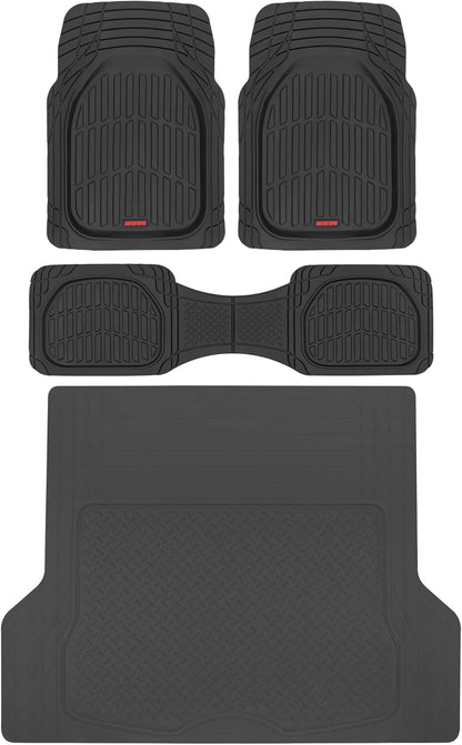 Motor Trend FlexTough 4-Piece Heavy Duty Floor Mats for Cars Trucks SUVs, Automotive Floor Mats Car Mats Full Set Front, Rear & Cargo, Trim-To-Fit Semi-Custom Deep Dish All Weather Rubber Mats - Black