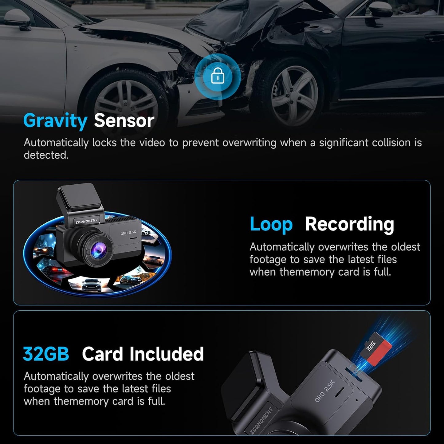 Ecomoment Dash Cam Front and Rear, 2.5K+1080P Car Camera with 32GB Card | WDR Night Vision, G-Sensor, 24H Parking Monitor, 3.16" IPS Screen, 170° Wide Angle, Supports up to 256GB Card