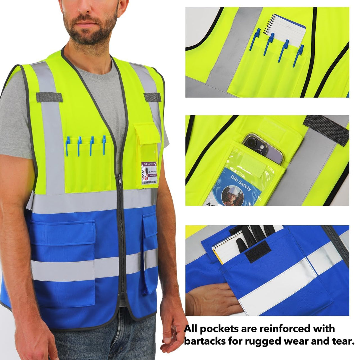 Dib Safety Reflective Safety Vest for Men Women, High Visibility Vest with Pockets and Zipper, ANSI Class 2