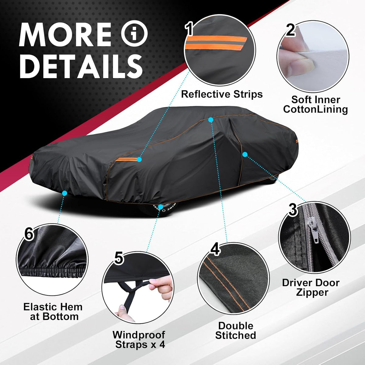 6 Layer Heavy Duty Car Cover Waterproof All Weather Protection with Cotton Liner, Full Exterior Outdoor Cover for Sun Rain Snow UV Protection, Fits Sedan 186-193 inchs
