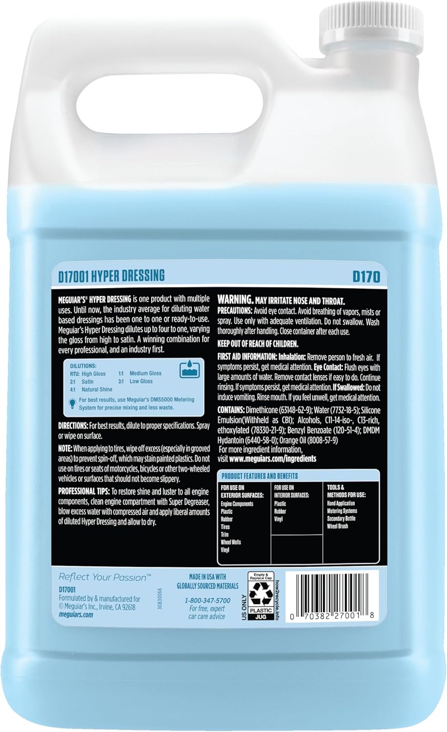 Meguiar's Hyper Dressing, 1 Gallon, Trim Shine For Drivers & Detailers— Car Wash Soap Restores Gloss And Deep Black Look; Use On Plastic And Rubber Trim, Tires, Bumpers And Wheel Wells