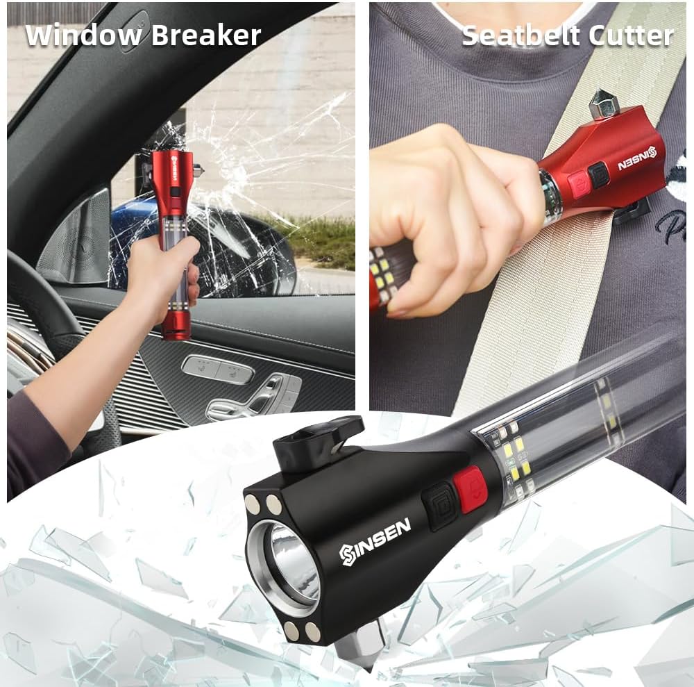 SINSEN Car Safety Hammer Flashlight, Tactical Emergency Rescue Tool, LED High Lumens Rechargeable Solar Powered Escape Kit, Window Glass Breaker and Seatbelt Cutter, Self Defense Multi-Function Torch