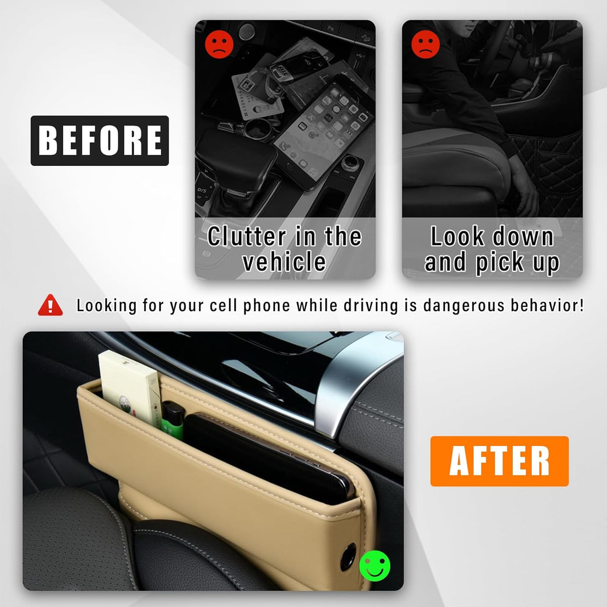 Ziciner Car Seat Gap Organizer, Premium Leather Auto Seat Storage Box, Vehicle Adjustable Front Seat Gap Filler, Car Seat Side Pocket Organizer for Phones, Glasses, Keys, Money, Cards (Black)