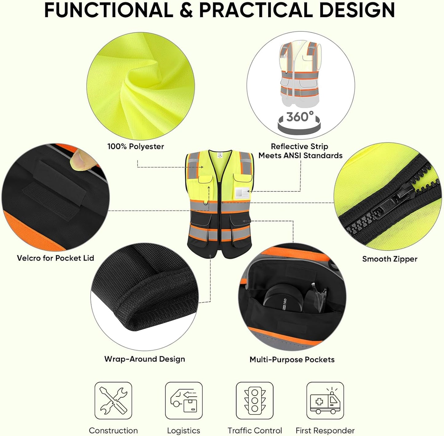 TICONN Reflective Safety Vest High Visibility Class II Mesh Vest for Women & Men Meets ANSI Standards
