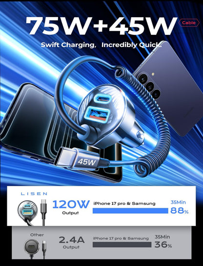 LISEN 90W for iPhone 17 16 15 Pro Max Car Charger USB C Fast Charge,Super Fast for iPhone 17 16 Car Charger USB C Adapter for iPhone 17e 16 15 Pro Max Plus Air,Samsung Galaxy S26 Ultra, Android