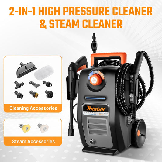 This Hill 2-in-1 Pressure Washer and Steam Cleaner, 3000 PSI 2 GPM Power Washer, 1500W Steam Cleaner with 1L Tank, Portable Cleaning Machine for Car Detailing, Patio, Tile, Grout, Furniture