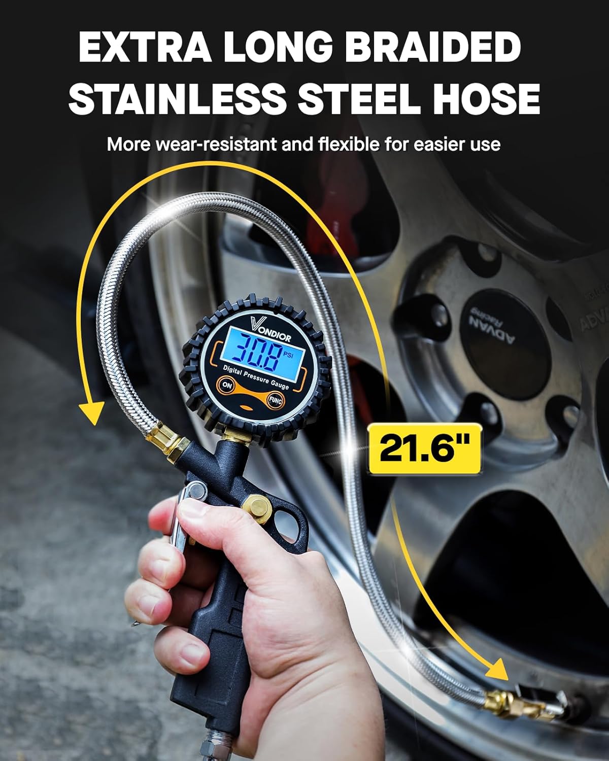Tire Pressure Gauge - (0-60 PSI) Heavy Duty, Certified ANSI Accurate with Large 2 Inch Easy to Read Glow Dial, Low - High Air Pressure Gauge. Tire Gauge for Car and Trucks Tires by Vondior