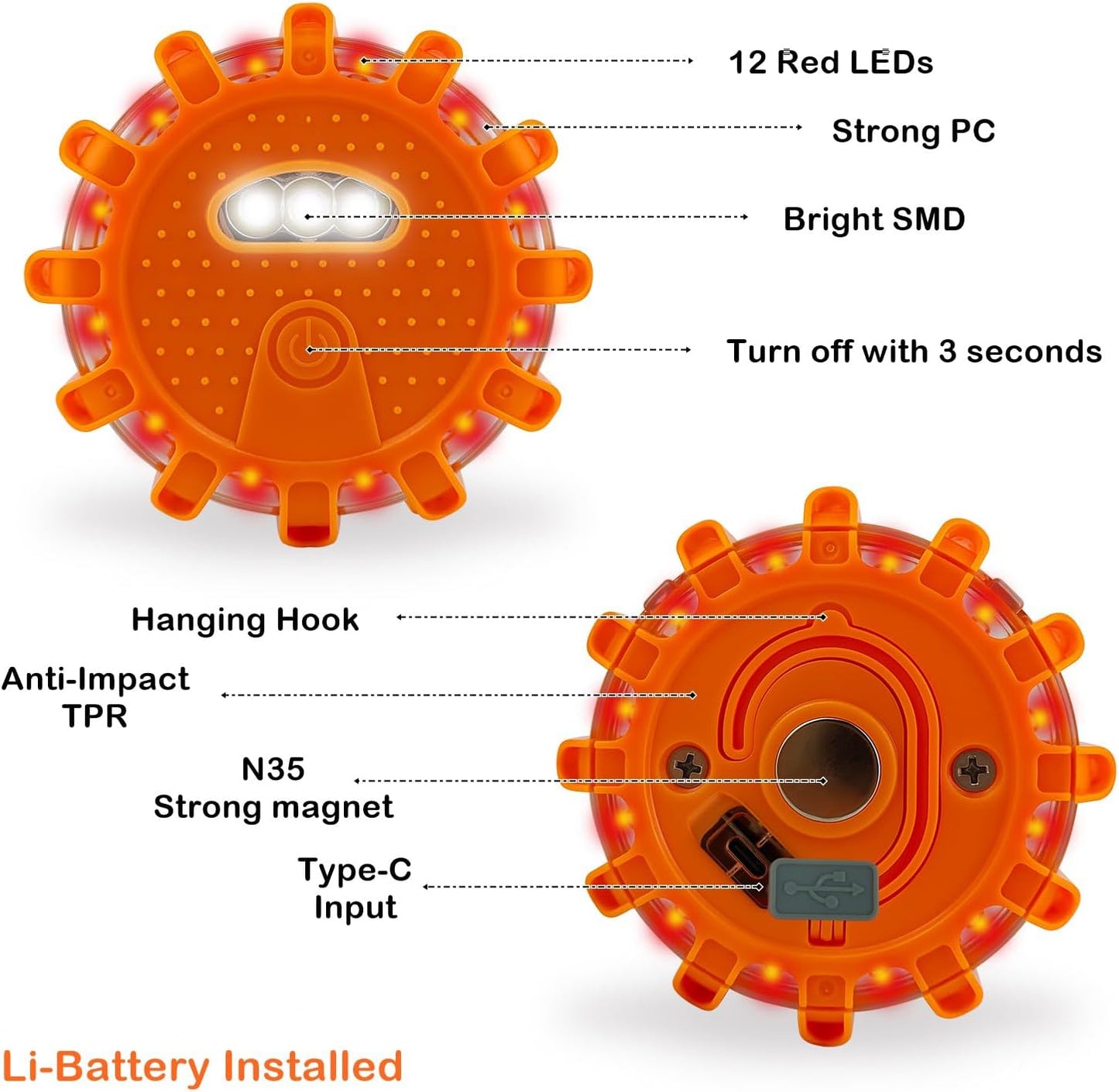 Ecoangel USB Rechargeable LED Road Flares Emergency Lights-Roadside Warning Car Safety Beacon Flashing Disc Flare Kit with Magnetic Base for Vehicles & Boat | 3 Beacon Disc Pack