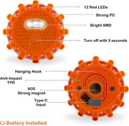 Ecoangel USB Rechargeable LED Road Flares Emergency Lights-Roadside Warning Car Safety Beacon Flashing Disc Flare Kit with Magnetic Base for Vehicles & Boat | 3 Beacon Disc Pack