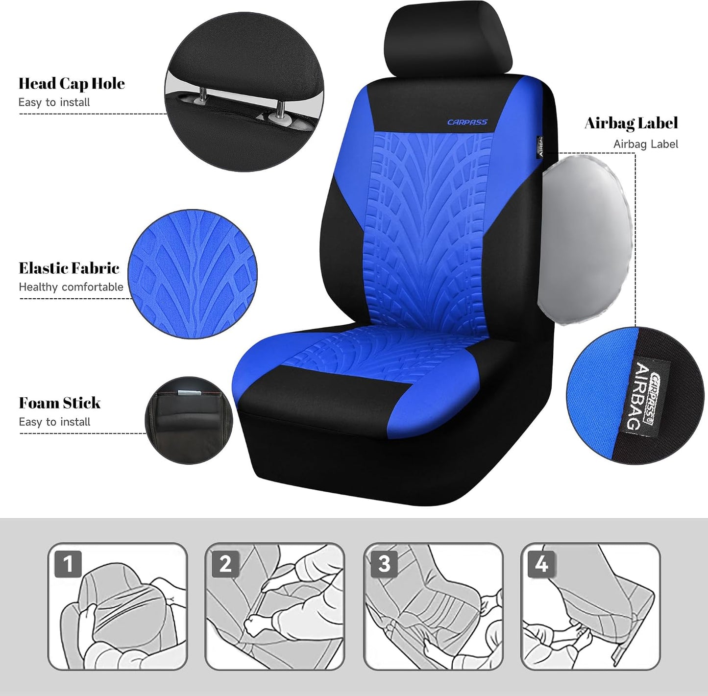 CAR PASS Car Seat Covers Full Sets, Front & Split Rear Bench for Car, 3D Tyre Embossed Automotive Interior Covers, Airbag Compatible, Quick Setup Universal Fit Seat Covers for Car, SUV(Charcoal)