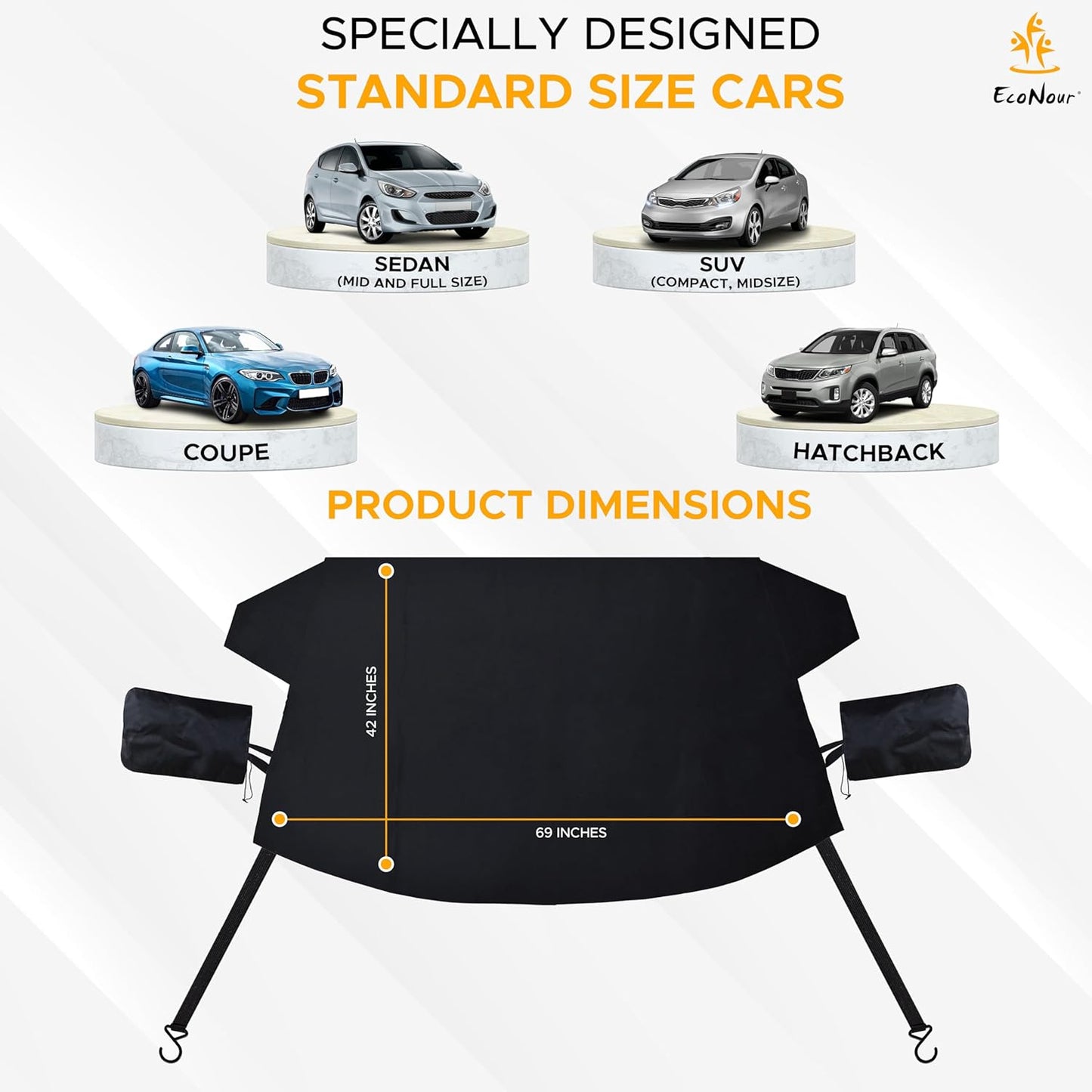EcoNour Windshield Cover for Ice and Snow - Universal Fit for Car, SUV, Truck, Heavy Duty 600D Oxford Fabric Frost Protector for Ice & Sleet, Includes Anti-Theft Straps, Medium (69"x42")