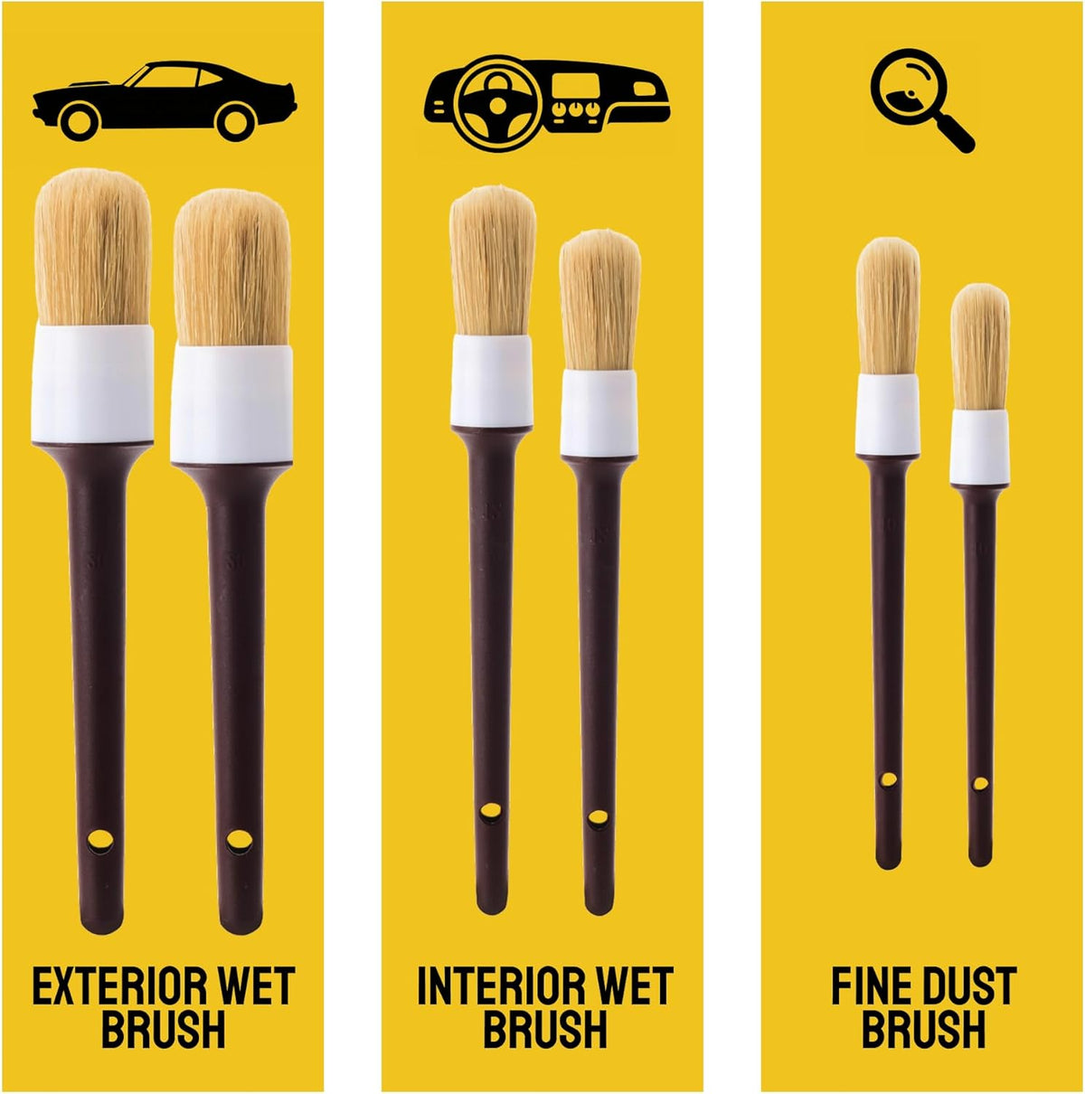 Car Detailing Brush Set 3-Pack - Soft Boar Hair Interior & Exterior Detailing Kit - Car Interior Cleaning Brushes for Leather, Piano Black Trim, Dashboards, Wheels and Engine Bay - Detail Dudes