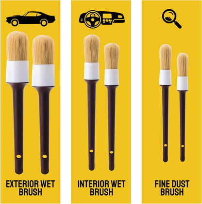 Car Detailing Brush Set 3-Pack - Soft Boar Hair Interior & Exterior Detailing Kit - Car Interior Cleaning Brushes for Leather, Piano Black Trim, Dashboards, Wheels and Engine Bay - Detail Dudes