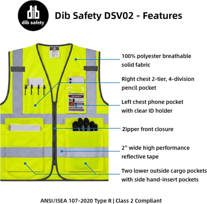 Dib Safety Reflective Safety Vest for Men Women, High Visibility Vest with Pockets and Zipper, ANSI Class 2