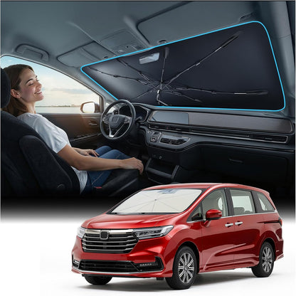 [Upgraded] Nmoiss Windshield Sun Shade Umbrella - [Vinyl Coating Heat Shield] Protect Car from Sun Rays & Heat Damage Keep Cool and Protect Interior, Spring Structure Edge Medium 56" L x 31" W