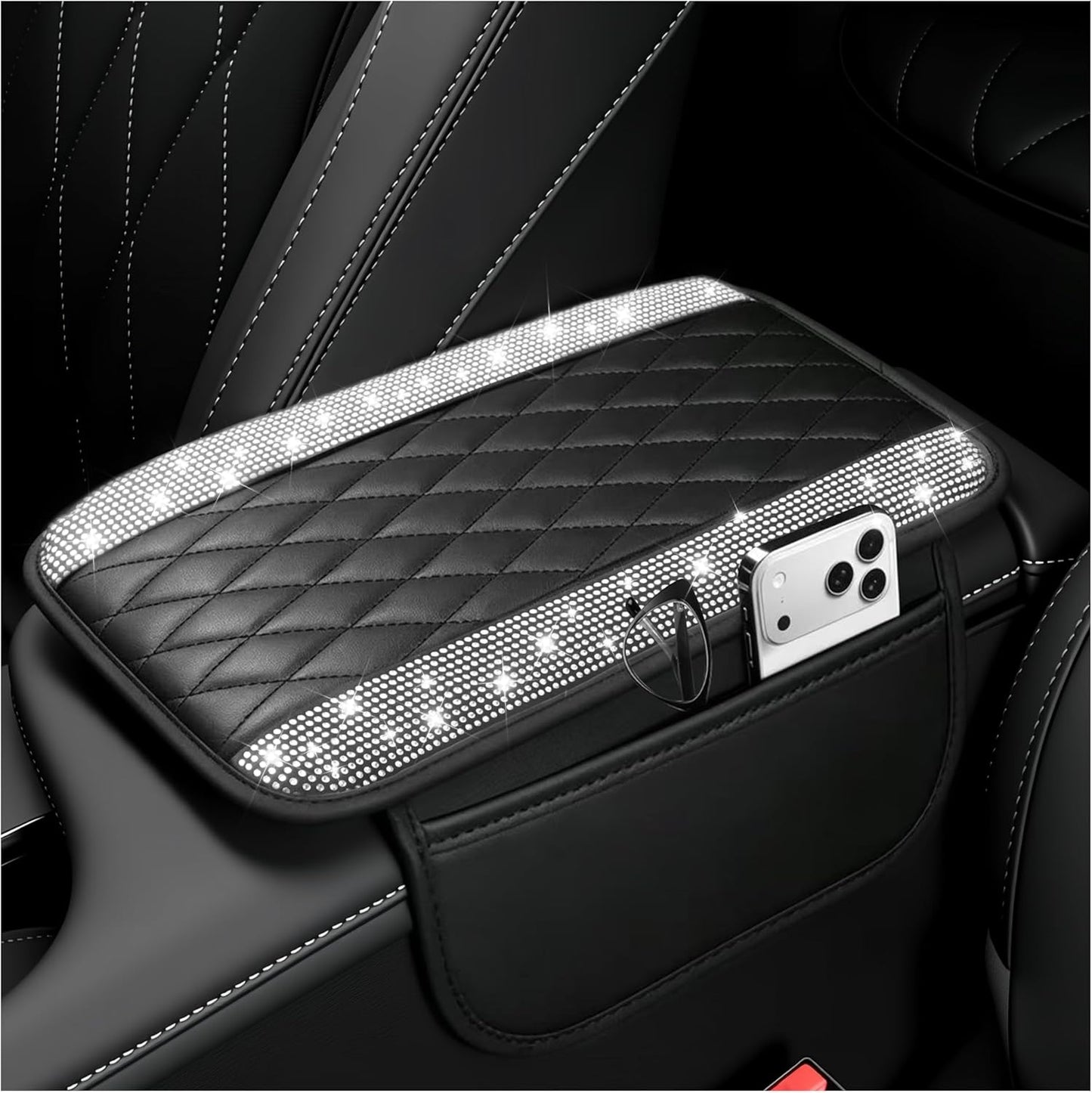 Stacool Upgraded Car Center Console Cover,Microfiber Leather Car Armrest Cover Cushion with 2 Storage Bags,Universal Car Armrest Storage Box (Black)