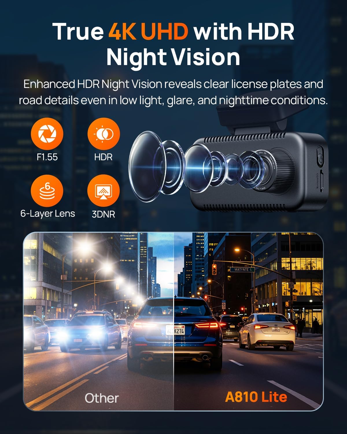 70mai A810 Lite 4K Dash Cam Front and Rear, 5GHz Wi-Fi 6 DashCam, Car Camera 4G LTE Remote Access, GPS Tracking, HDR Night Vision, 24H Parking Mode, Voice Control, Emergency Lock, Loop Recording