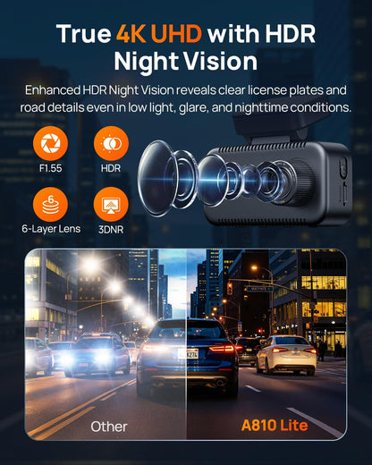 70mai A810 Lite 4K Dash Cam Front and Rear, 5GHz Wi-Fi 6 DashCam, Car Camera 4G LTE Remote Access, GPS Tracking, HDR Night Vision, 24H Parking Mode, Voice Control, Emergency Lock, Loop Recording