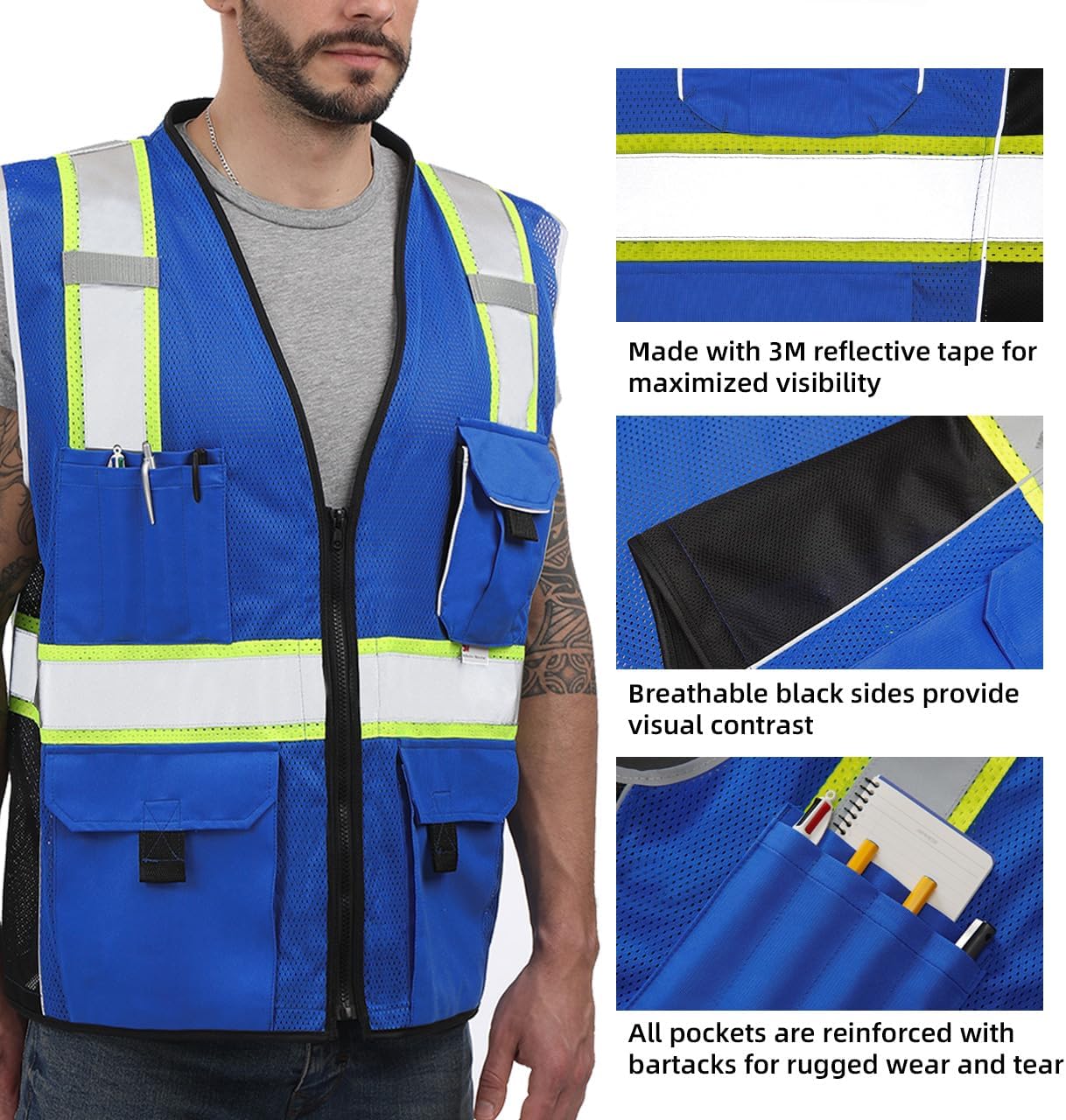 Dib Safety Reflective Mesh Vest ANSI Class 3, High Visibility with Pockets and Zipper, Made with 3M Reflective Tape, Yellow XL