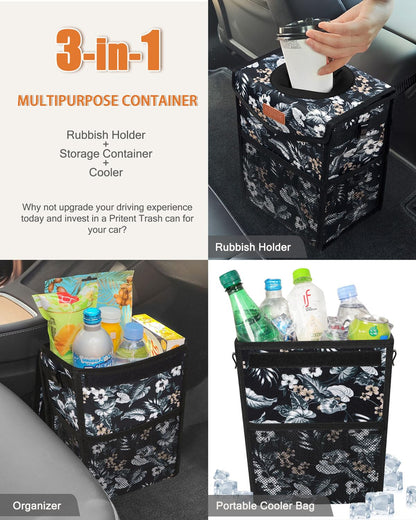 Pritent Car Trash Can with Lid, Cute Leakproof Car Trash Garbage Bag Hanging Vehicle Trash Bin Small Portable Automotive Garbage Cans Organizer for Back/Front Seat/Console(Trapezoid,Black)