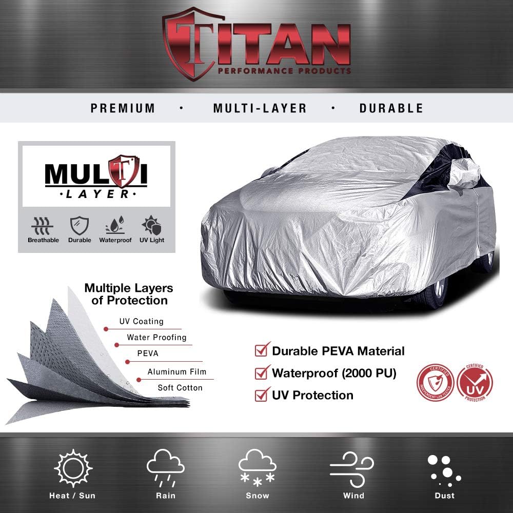 Titan Premium Multi-Layer PEVA Car Cover for Compact SUV 170-187". Waterproof, UV Protection, Anti-Scratch Protective Lining, Driver-Side Zippered Opening. Fits Rav4, Rogue, CR-V and More.