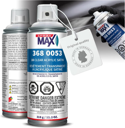 SprayMax 1K Acrylic Satin Clear Coat | Fast-Drying Clear Satin Spray Paint for Cars, Wheels & Metal | Smooth Semi-Gloss Finish, Scratch & Weather Resistant | Professional Grade 11.2 oz