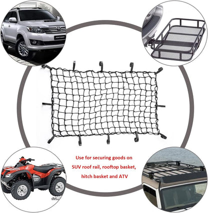 CZC AUTO 22"x38" Black Latex Bungee Cargo Net Strech to 44"x76", Luggage Netting with 2"X2" Small Mesh and 12 Adjustable Plastic Hooks for Rooftop Cargo Carrier Roof Rail Rack Hitch Basket SUV