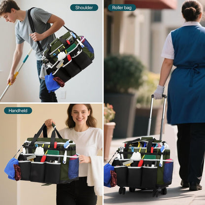 Large Rolling Cleaning Caddy Bag with Detachable Trolley, Full Support Plates for Professional Cleaning Supplies Bag, Organizer Bag with 4 Universal Wheels for Housekeepers, Car Wash