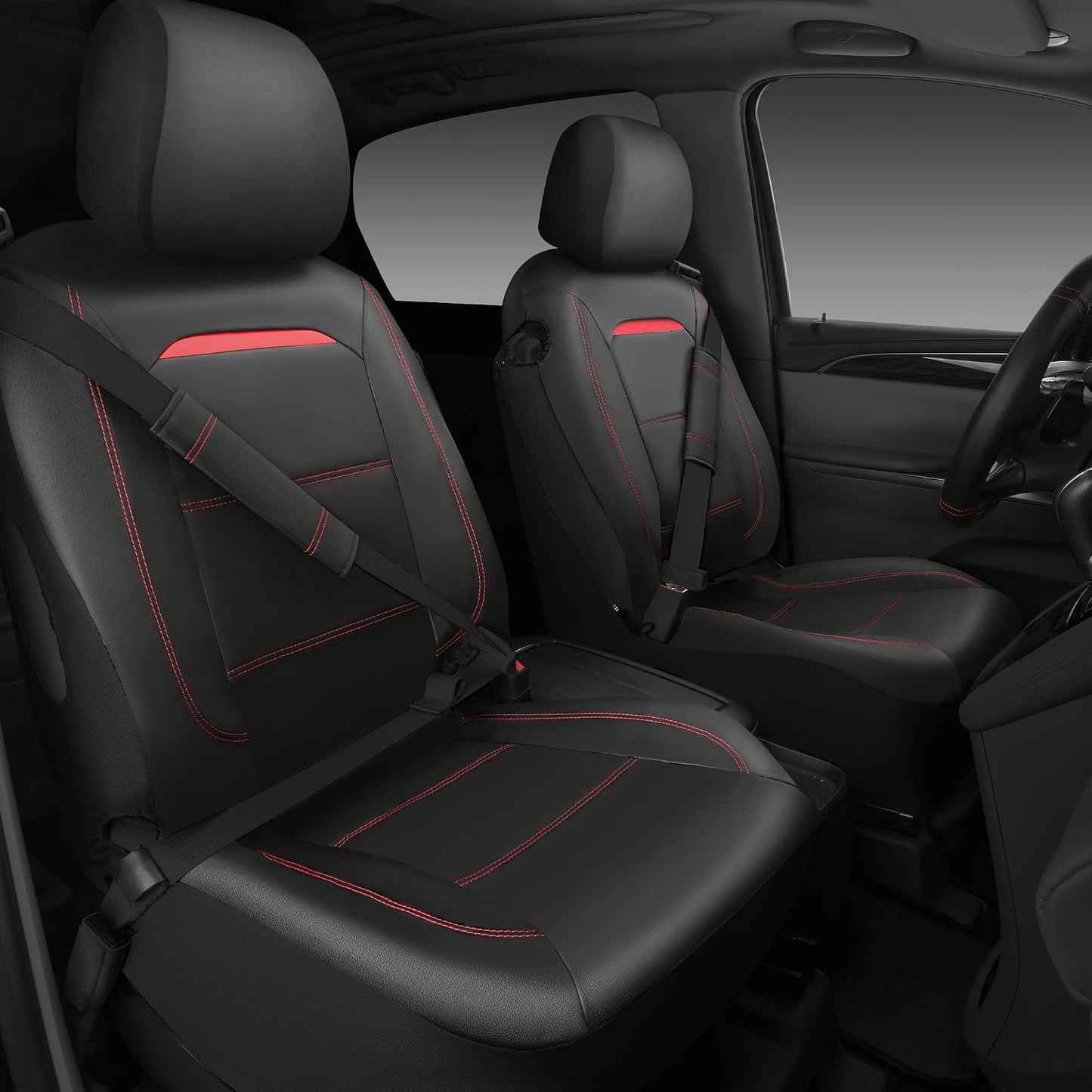 CAR PASS Universal FIT Piping Leather Two Front Seat Covers, Waterproof Faux Leather for SUV Sedan Van Truck, Airbag Compatible,Reserved Opening Holes for Headrest Covers. (Black red)