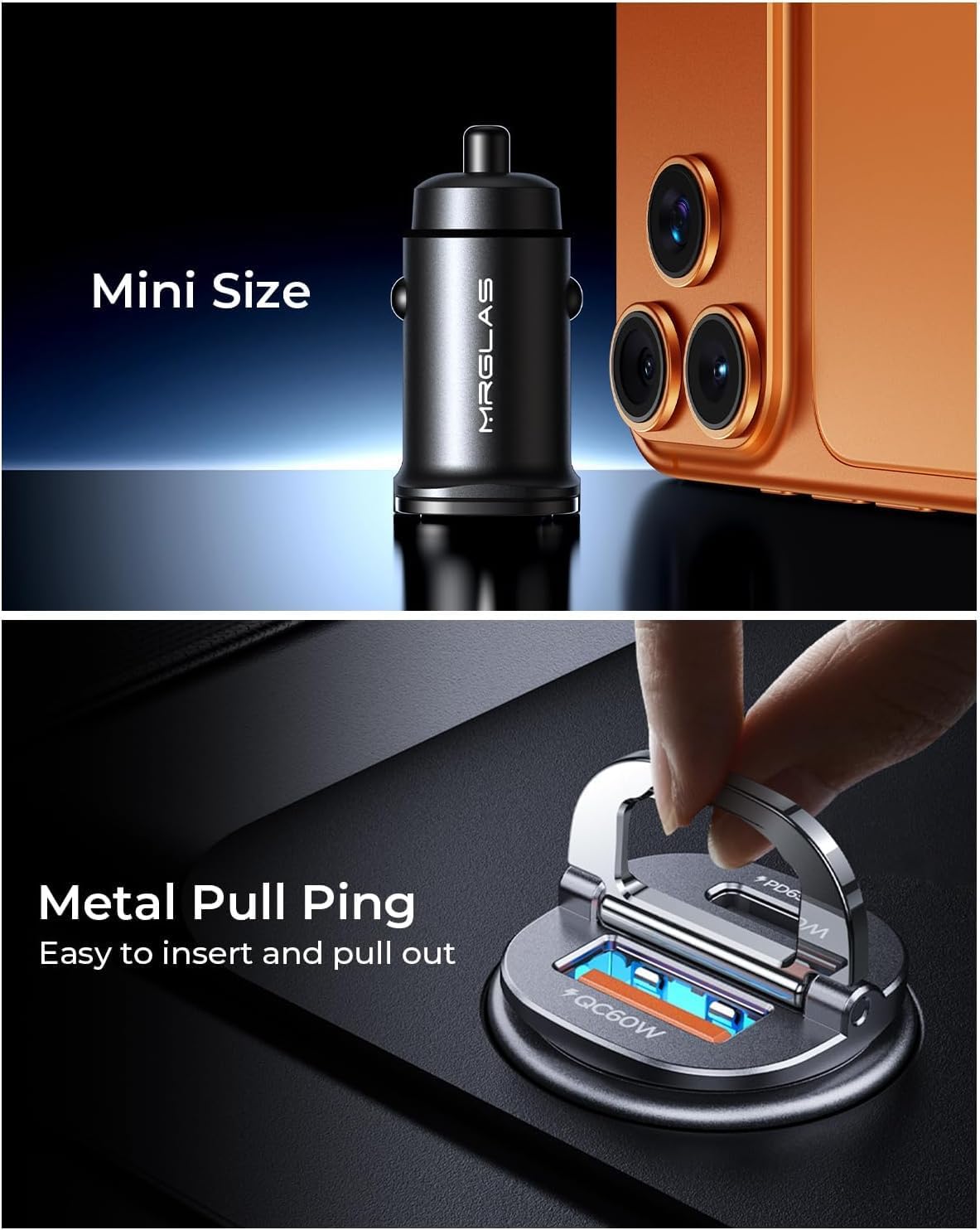 【Upgraded】 125W Car Charger USB C Super Fast Charging, [PD65W & QC60W][All Metal] MRGLAS Cigarette Lighter Car Charger, Car Electrical Accessories for iPhone 17 Pro Max iPad Samsung S26 S25 Pixel 10