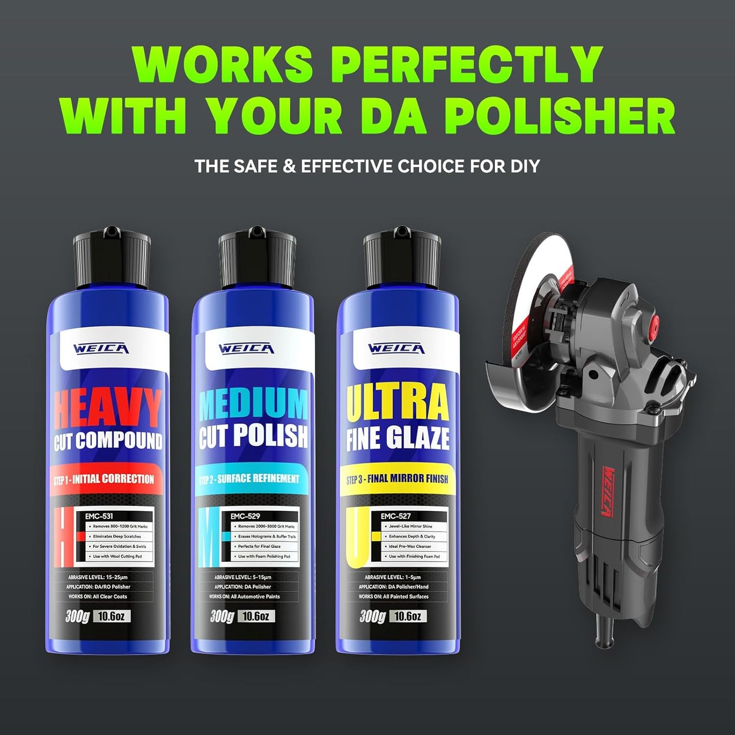 3-Step Rubbing Polish Kit 32oz - Heavy Cut Rubbing, Medium Polish & Ultra Fine Glaze - Scratch & Swirl Remover - Safe All Car Paint - by WEICA