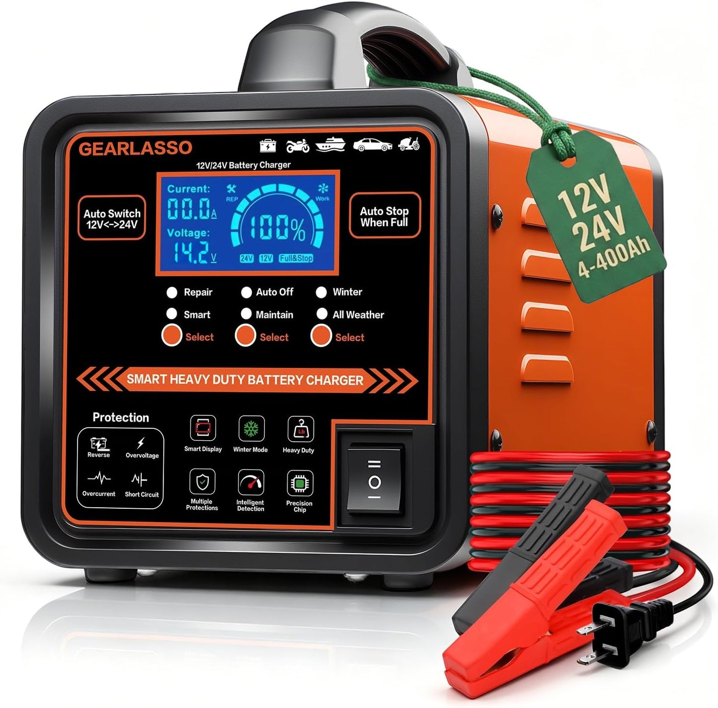 12V 24V Car Battery Charger Heavy Duty, 0-15A Automatic Battery Maintainer with Auto Shutoffs, Repair and Winter Mode, Smart Trickle Charger for Car Truck Motorcycle RV AGM Deep Cycle