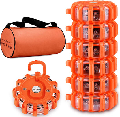 Tobfit 6 Pack LED Road Flares Emergency Lights Roadside Safety Beacon Disc Flashing Warning Flare Kit with Magnetic Base & Hook for Car Truck Boats | 9 Flash Modes (Batteries Not Included) (6)