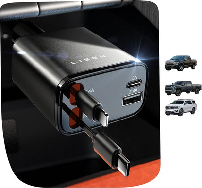 LISEN Retractable Car Charger, 84W Car Charger USB C Fast Charger, Cigarette Lighter USB Charger Adapter, Car Accessories Birthday Gifts for Men Women Dad Mom Husband, for iPhone 17 16 15 14 13 12 11