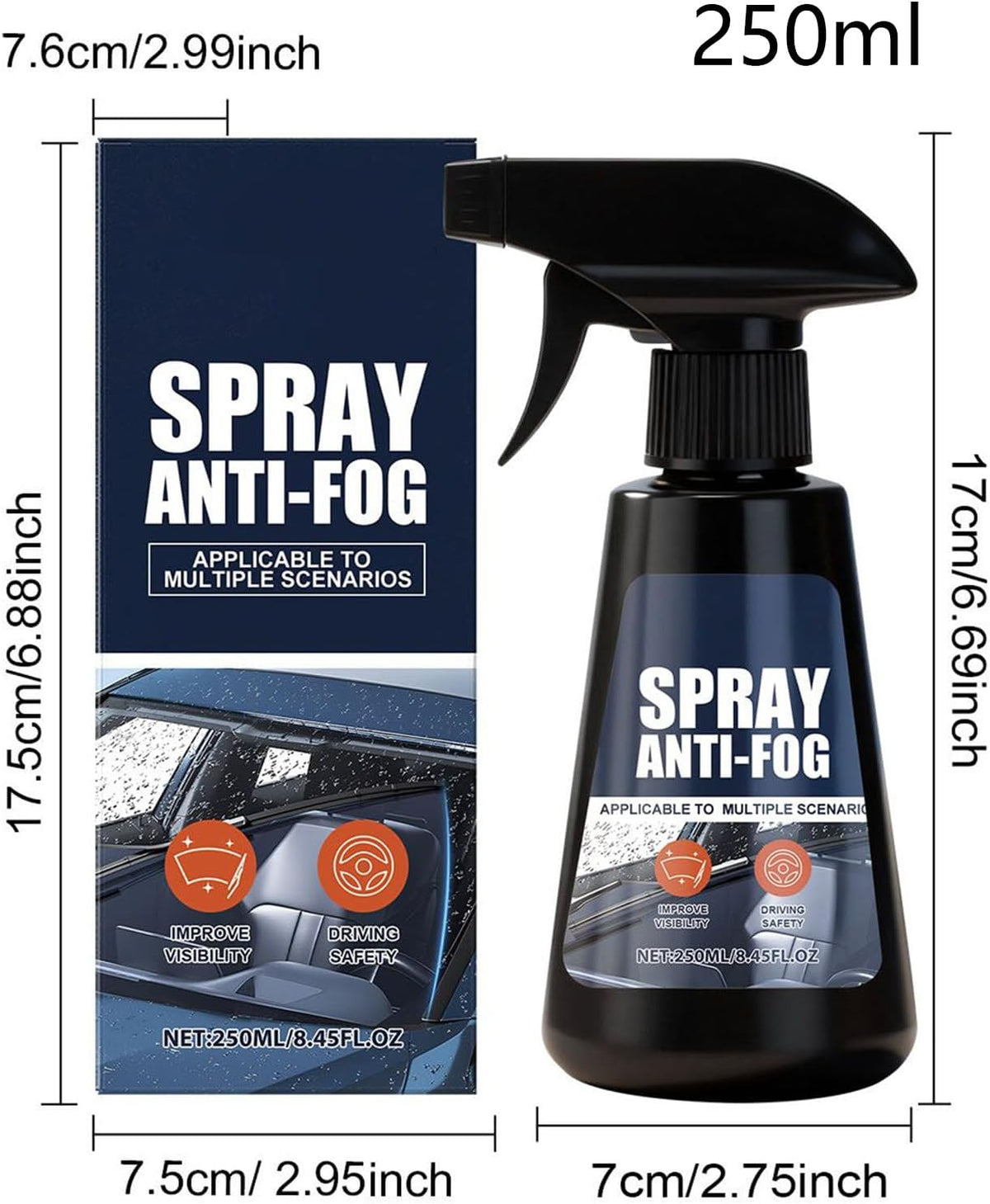 Anti-Fog Windshield Cleaner, 250ml Rainproof Spray and Mirror Defogger for Car, Truck, Daily Commute, Outdoor, Winter, Morning, Highway, Garage