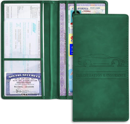 Car Registration and Insurance Holder, Registration and Insurance Card Holder, Auto Glove Box Organizer with Magnetic Shut, PU Leather Automobile Documents Wallet for Cards (Dark Green)