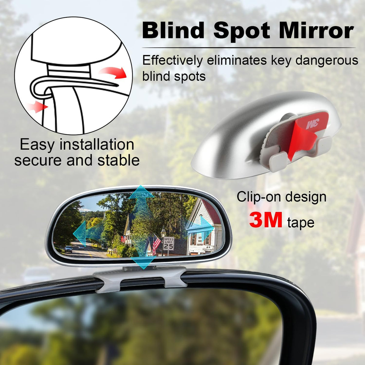 LivTee 2PCS Round Blind Spot Mirror, HD Glass and ABS Housing Convex Wide Angle Rearview Mirror with Adjustable Stick for Universal Car, Black
