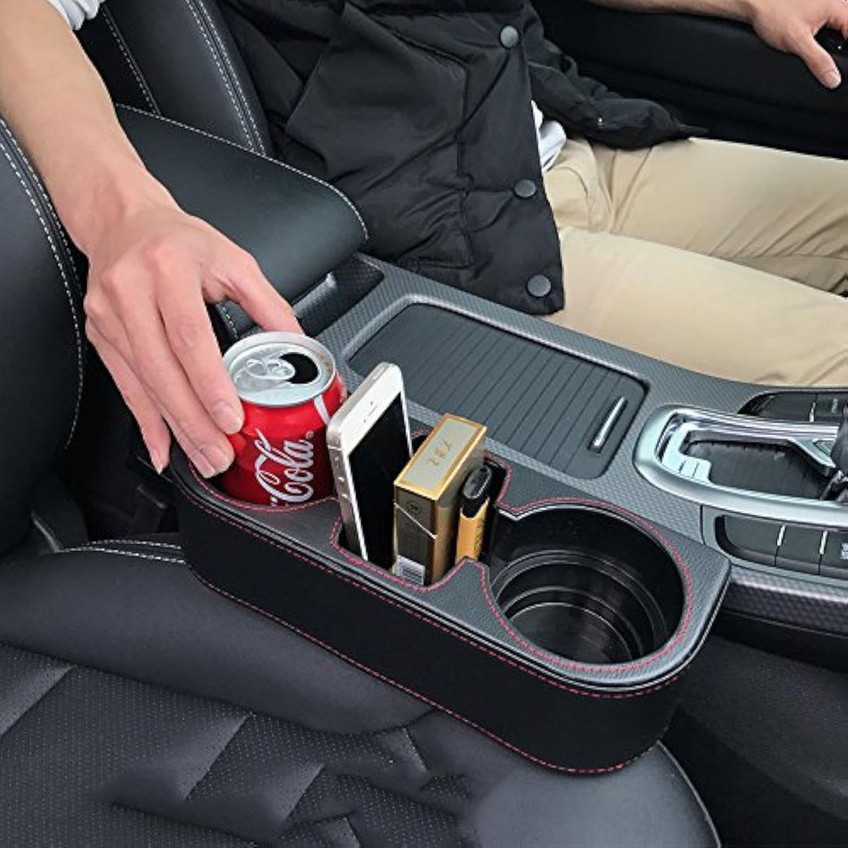 IOKONE Car Cup Holder, Auto Cup Drink Holders，Multifunctional Auto Front Seat Organizer with PU Leather Cover, Gap Filler Storage Box Coin Bucket Console Side Pocket Cell Mobile Phone Holder (Black)