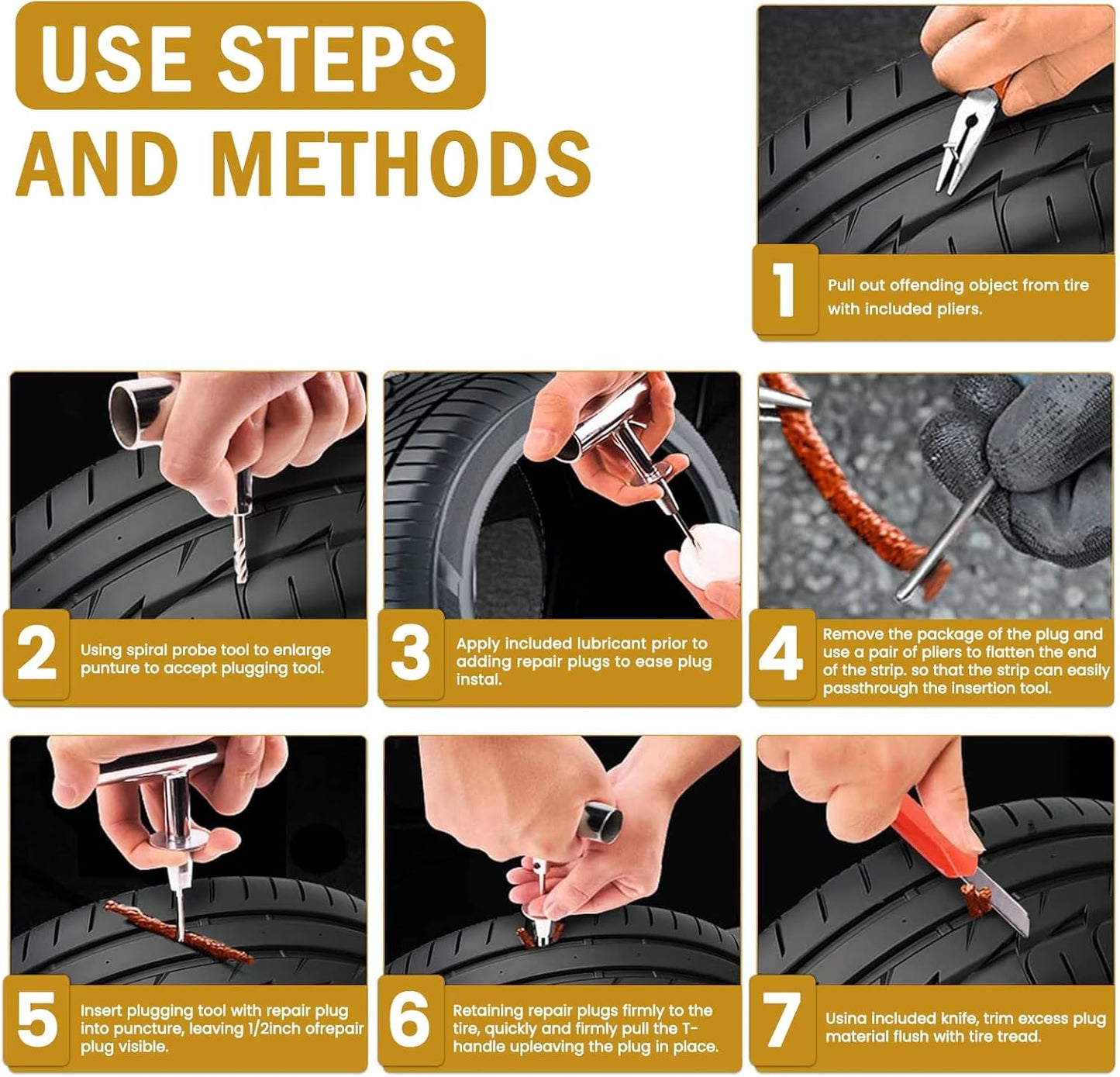 ORCISH Heavy Duty Tire Plug Kit - 70pcs All-in-One Universal Tire Repair Kit for Tubeless Flats, Emergency Tire Patch Kit for Car, Truck, SUV, ATV, Motorcycle, Trailer & RV