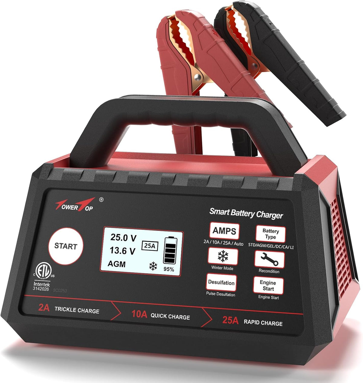 TowerTop 2/10/25 Amp 12V Smart Car Battery Charger, Fully Automatic Battery Maintainer with Engine Start, Auto Desulfator, Battery Repair, Winter Mode, for AGM, STD, Gel, Deep Cycle Batteries