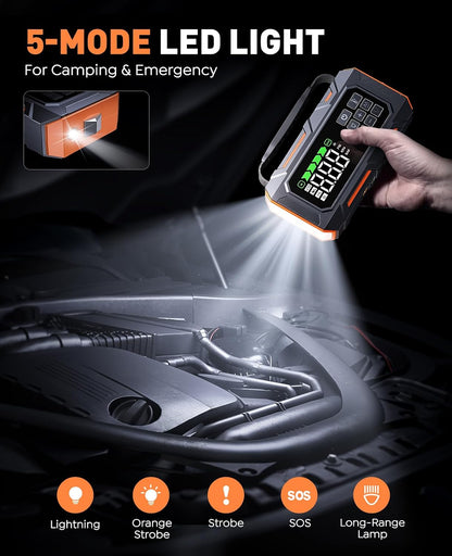 TREKURE 16-in-1 8000A Car Battery Jump Starter with Air Compressor 160PSI, Jump Starter Jump Box (All Gas 12L Diesel) with Portable Jumper Cables, Auto-Shutoff Tire Inflator, Gloves, Tow Rope