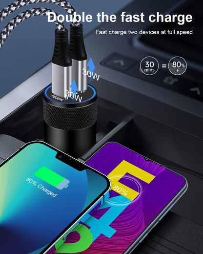60W USB C Car Charger, 2Pack USB C Cigarette Lighter Adapter Fast Charging | Dual Port PD3.0 Type C Car Charger Plug Compatible with iPhone 17 16 15 14 Pro Max Samsung Galaxy S26/S25/S24 Pixel 10 9Pro