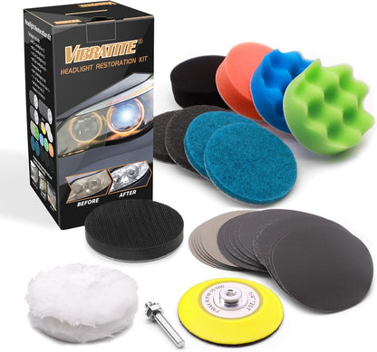 Car Headlight Restoration Kit, 3 Inch Car Polishing Sanding Discs with 1/4 Inch Shank Backing, Scouring Pads, Buffing Sponge, Soft Interface, Woolen Buffer, 41PCS