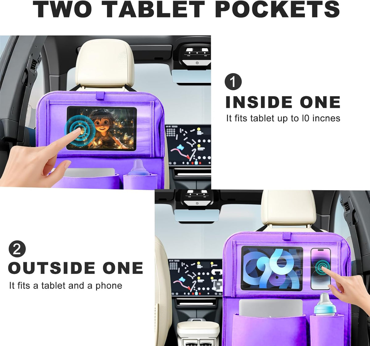 2Pack Car Backseat Organizer with Foldable Table Tray,6 Storage Pockets Car Storage Organizer with Tablet Holder,Car Seat Back Protectors Kick Mats Travel Accessories (Black)
