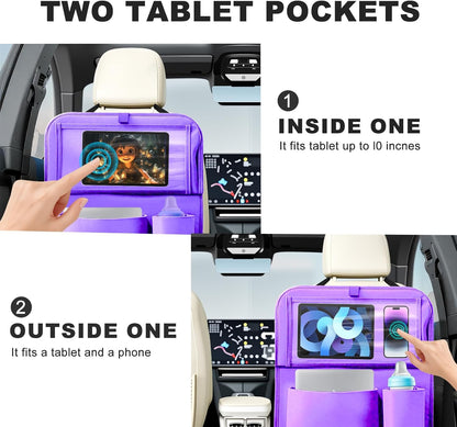 2Pack Car Backseat Organizer with Foldable Table Tray,6 Storage Pockets Car Storage Organizer with Tablet Holder,Car Seat Back Protectors Kick Mats Travel Accessories (Black)