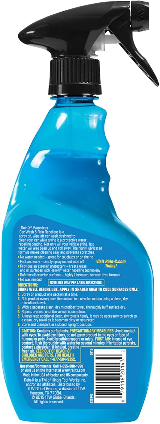 Rain-X 620143 Waterless Car Wash and Rain Repellent, 23 fl. oz. Rinseless Cleaner Spray for a Spot Free Finish, Perfect for Quick and Easy Detailing. Premium No Rinse for on the go Washing