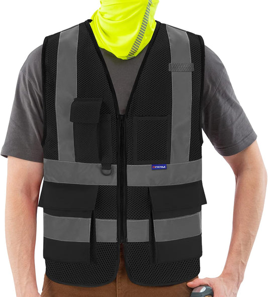 A-SAFETY 7pocket High Visibility Safety Vest Zipper, Construction Vest Reflective Strips ANSI/ISEA Standards for Motorcycle, Running,work, Bicycle Riding Outdoor Activities, Yellow - Colors B