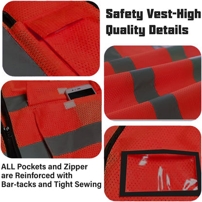 Reflective Mesh Safety Vest, Breathable Hi Vis Vest Construction Work with 5 Pockets and Zipper for Men Women
