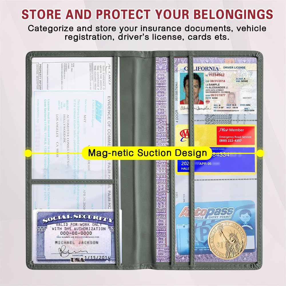 Car Registration and Insurance Holder, Registration and Insurance Card Holder, Auto Glove Box Organizer with Magnetic Shut, PU Leather Automobile Documents Wallet for Cards (Dark Green)